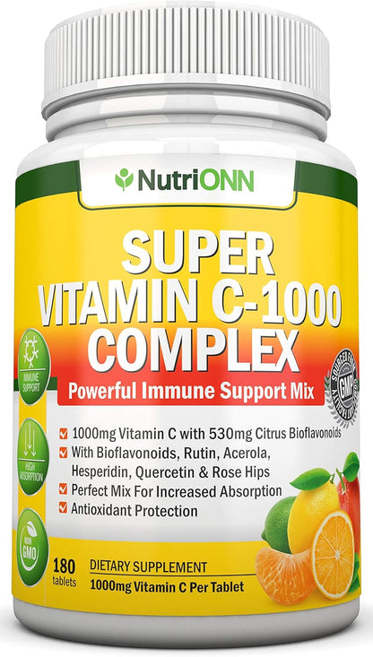 Super Vitamin C Complex - 1695 mg - 180 Tablets - with Citrus Bioflavonoids, Rose Hips, Rutin, Quercetin & Hesperidin - Non-GMO