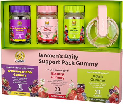 SUNGIVEN Women's Multivitamin Gummy Pack – 3-Step Support for Hair & Skin with KSM-66 Ashwagandha, Berry Flavour, 90 Gummies (15-Day Supply)