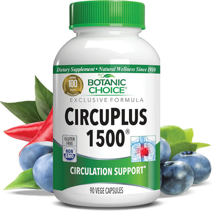 Botanic Choice CircuPlus 1500 - Heart Health and Circulation Support Supplement with Vitamin B1, Cayenne, Hawthorn, Ginkgo Biloba - 90 Capsules