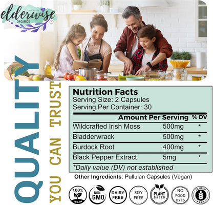 Elderwise Sea Moss Capsules with Burdock Root & Bladderwrack | Superfood Supplement | 60 Vegan Capsules | 30-Day Supply | 1400mg