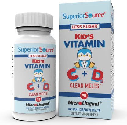 Superior Source Kid's Vitamin C & D3 Clean Melts – Immune Support, Low Sugar, Non-GM, 90 MicroLingual Melts