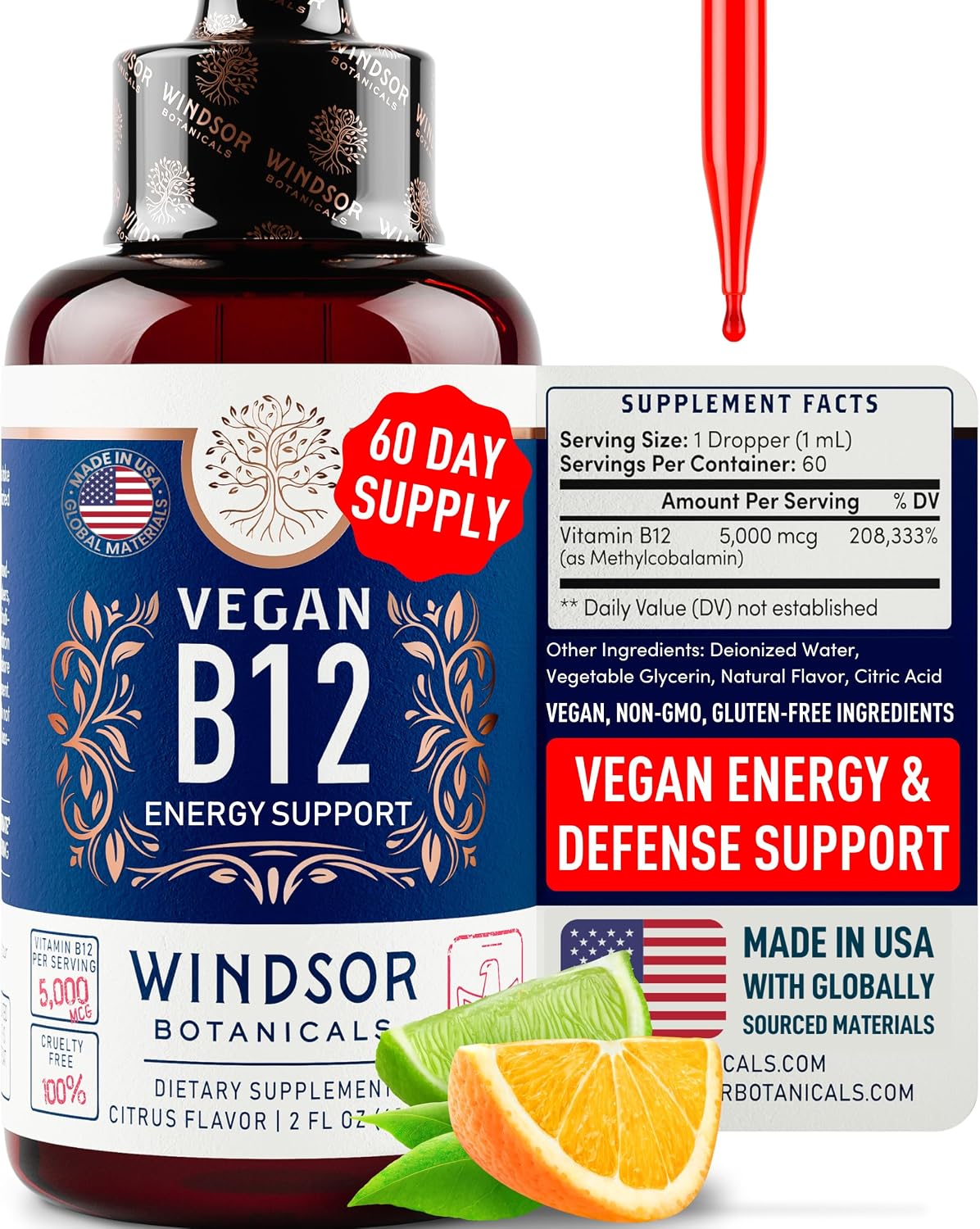 WINDSOR BOTANICALS Vegan Vitamin B12 Liquid – Max Strength 5000 mcg Methylcobalamin Sublingual Drops – Citrus Flavour - görsel 1