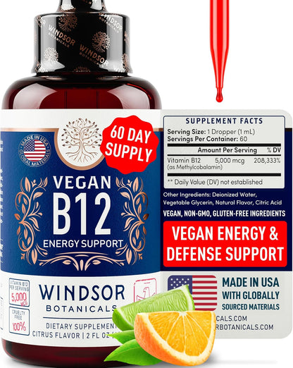 WINDSOR BOTANICALS Vegan Vitamin B12 Liquid – Max Strength 5000 mcg Methylcobalamin Sublingual Drops – Citrus Flavour