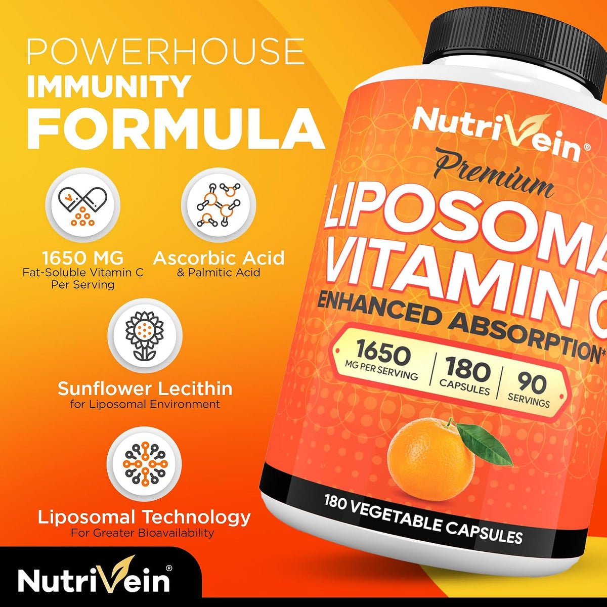 Nutrivein Premium Liposomal Vitamin C Supplement 1650mg - 180 Capsules - görsel 4