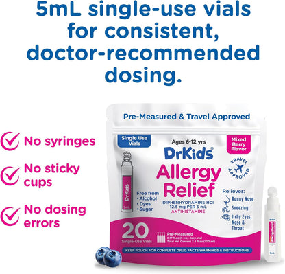 Dr. Kids Children's Allergy Relief Medicine, Mixed Berry Flavour, 20 Count