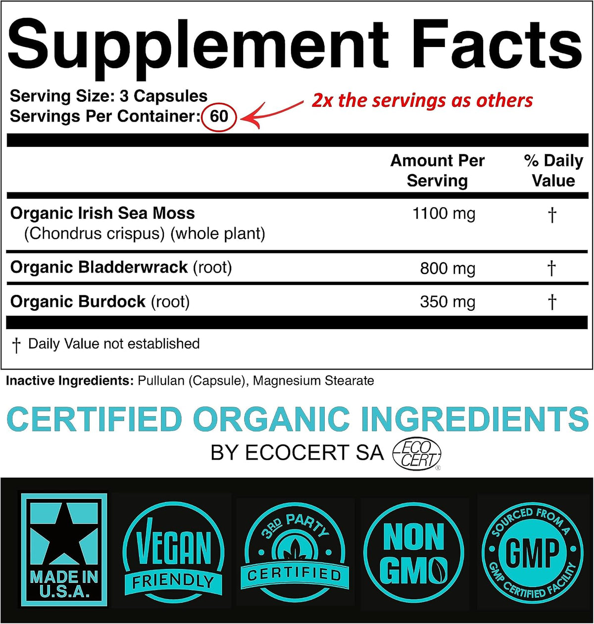 Certified Organic Sea Moss Capsules 2250mg – Wildcrafted Irish Sea Moss, Burdock Root & Bladderwrack Supplement (180 Capsules) - görsel 2