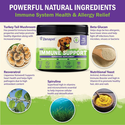 ZENAPET Dog Immune Support Premium Powder Topper – Turkey Tail, Spirulina & Beta-Glucan