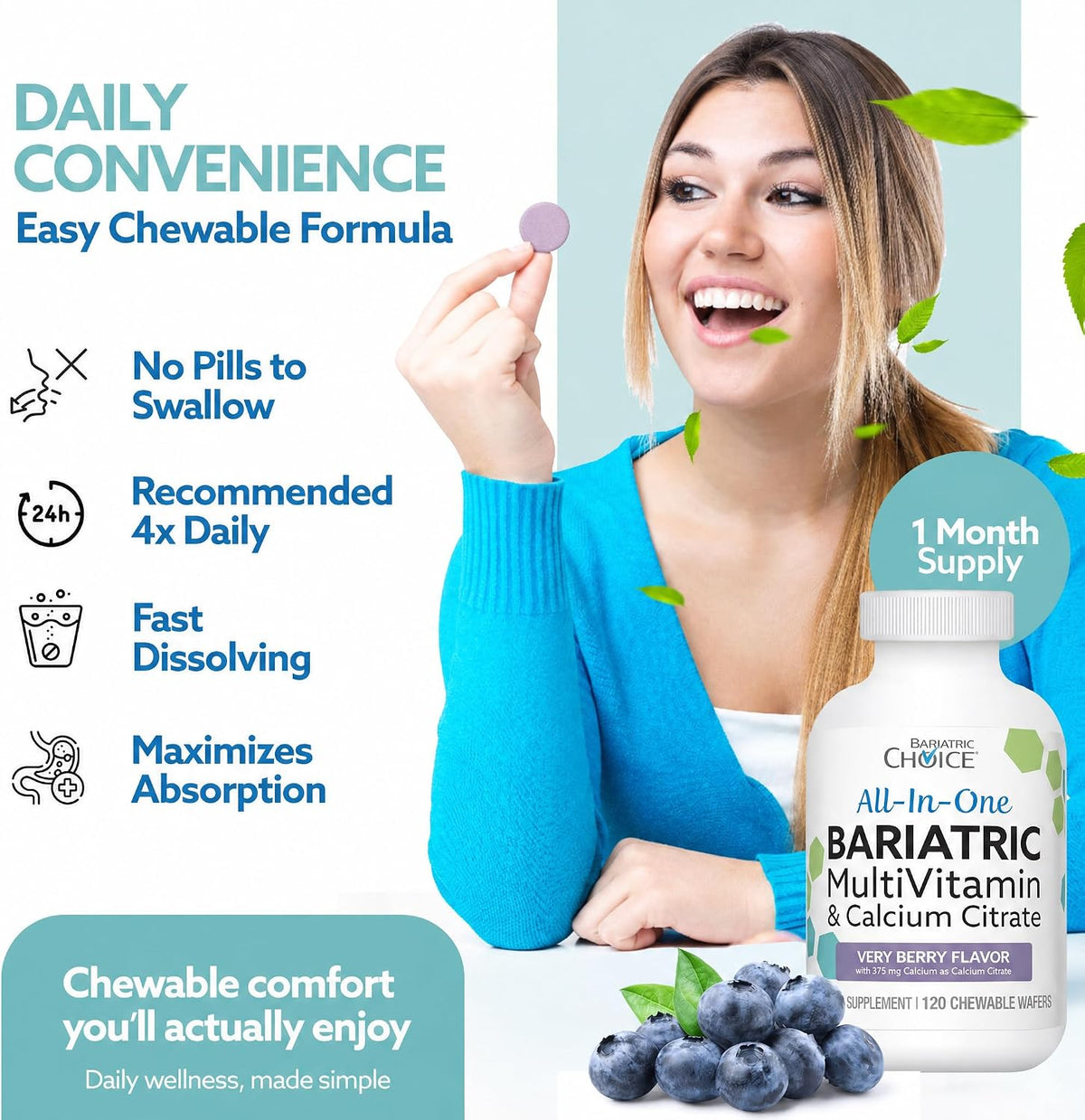Bariatric Choice All-in-One Chewable Bariatric Multivitamin with Iron & Calcium Citrate, Very Berry (120 Tablets) - görsel 2