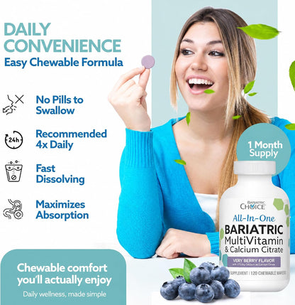 Bariatric Choice All-in-One Chewable Bariatric Multivitamin with Iron & Calcium Citrate, Very Berry (120 Tablets)