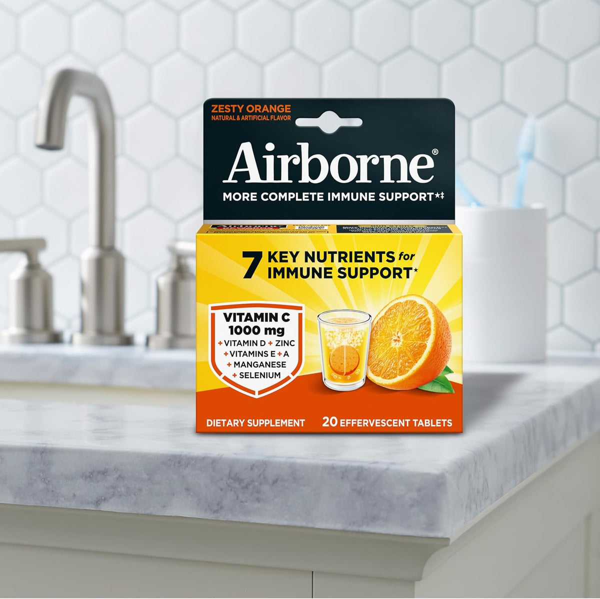 Airborne 1000mg Vitamin C with Zinc Effervescent Tablets, Food Supplement with Vitamins A, C, E & Zinc for Normal Immune Function - 20 Fizzy Drink Tablets, Tangy Orange Flavour - görsel 8