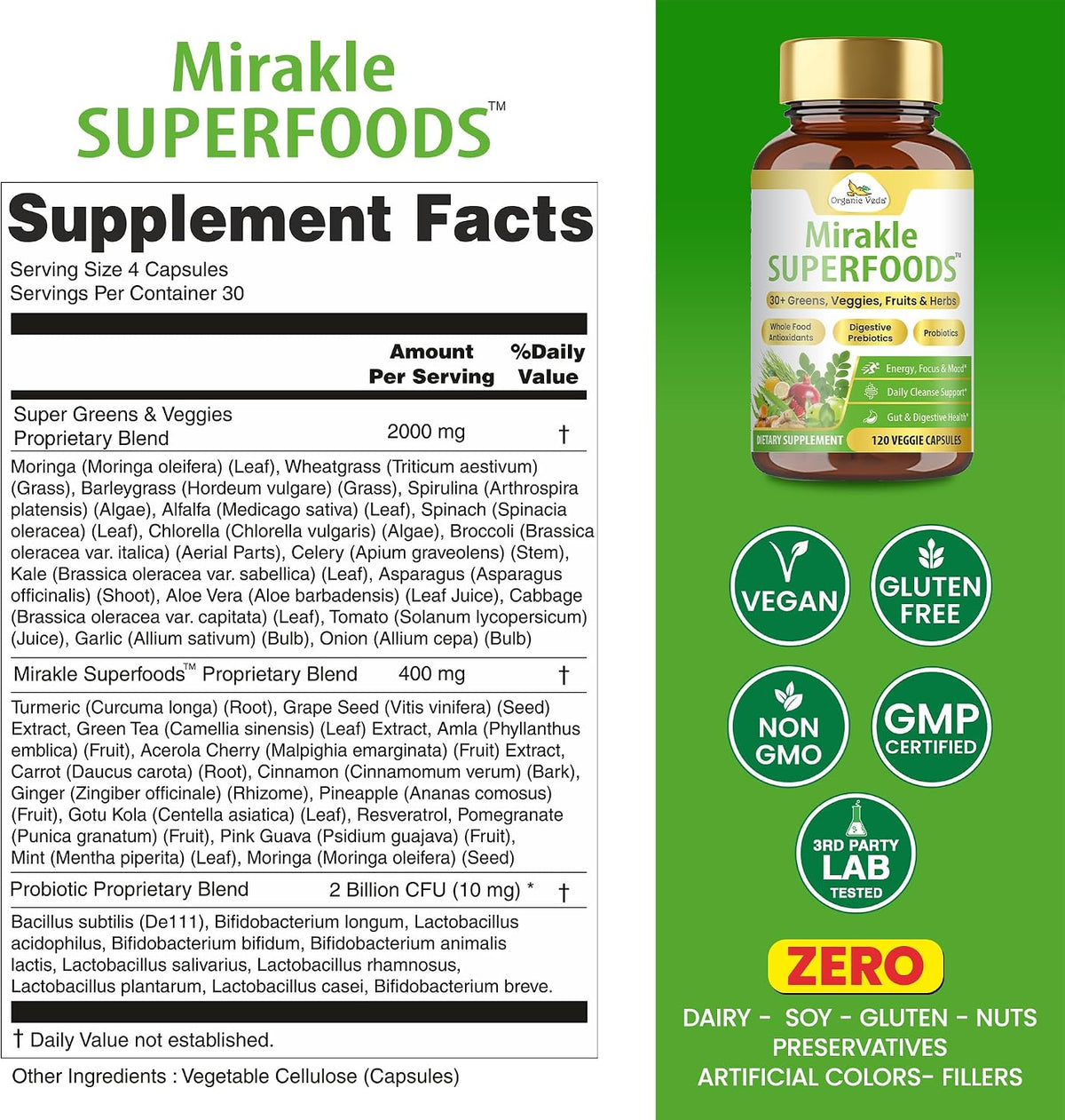 Organic Veda Mirakle Superfoods - Mixed Greens, Vegetables, Super Fruits & Antioxidants Food Supplement with Probiotics, 120 Capsules - görsel 2