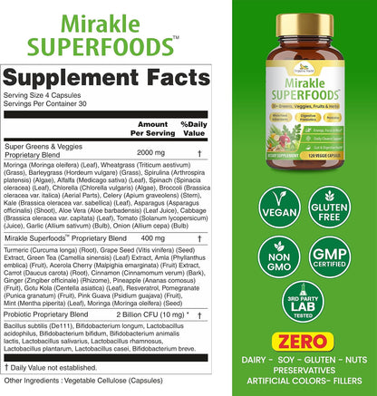 Organic Veda Mirakle Superfoods - Mixed Greens, Vegetables, Super Fruits & Antioxidants Food Supplement with Probiotics, 120 Capsules