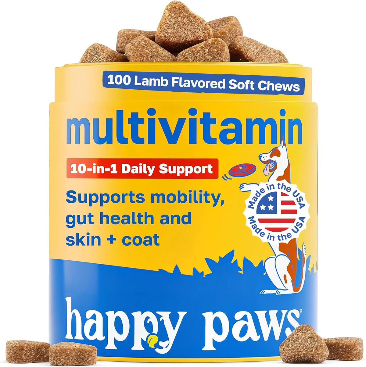 Happy Paws 10-in-1 Dog Multivitamin - Daily Nutritional and Immune Support with Coconut Oil, Vitamin D3 and Biotin, Vegan Lamb Flavour (100 Chews) - görsel 1