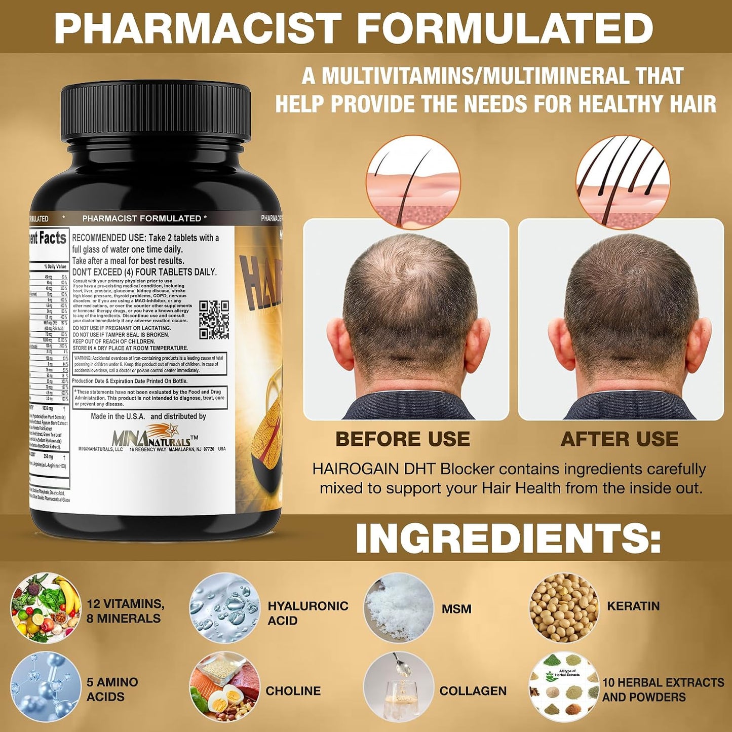 MINANATURALS HAIROGAIN DHT Blocker - Support Hair Growth with 10000 mcg Biotin, Collagen & Hair Vitamins - 60 Tablets - görsel 3