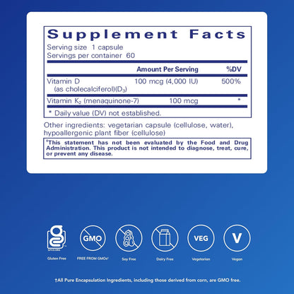 Pure Encapsulations Vitamin D3 & K2 - Bone & Vascular Health Support - Immune Function Support - Gluten-free - Non-GMO - 60 Capsules