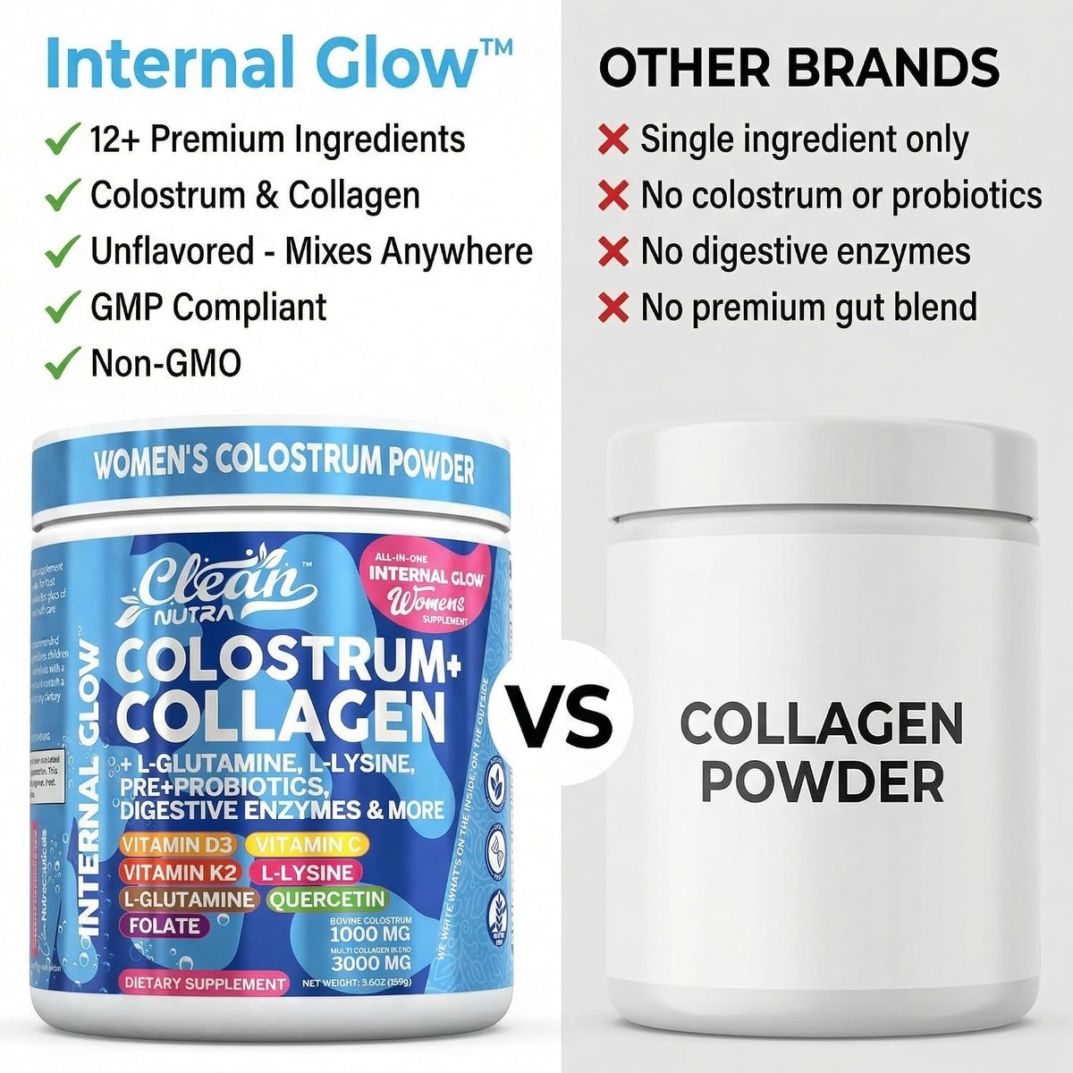 Bovine Colostrum Powder + Collagen Peptides with L-Glutamine, L-Lysine, Prebiotics, Probiotics, Digestive Enzymes, Vitamin D K2 C, Quercetin & Folate – Gut Health Supplement, Internal Glow by Clean Nutra - görsel 7