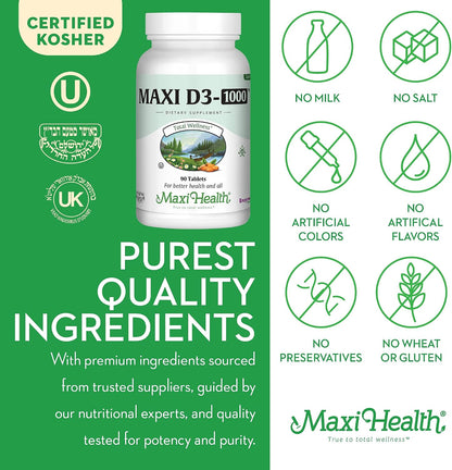 Vitamin D3 1000 IU Food Supplement – Easy to Swallow – Contributes to Normal Calcium Absorption, Immune Function and Bone Health – 90 Softgels – by Maxi Health