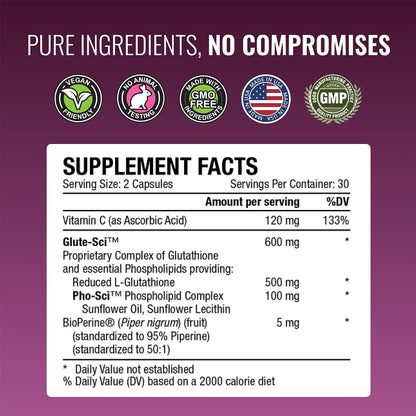 Approved Science® Glutathione 500 mg – Antioxidant Supplement with Vitamin C & BioPerine (60 Capsules)