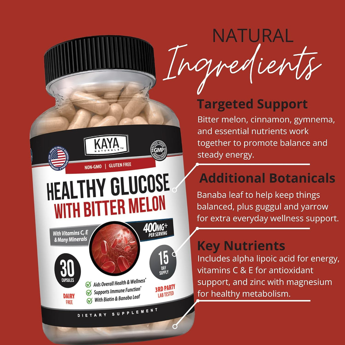 Kaya Naturals Healthy Gluco – 20 Herbs, Vitamins & Minerals for Glucose Support (30 Capsules) - görsel 5