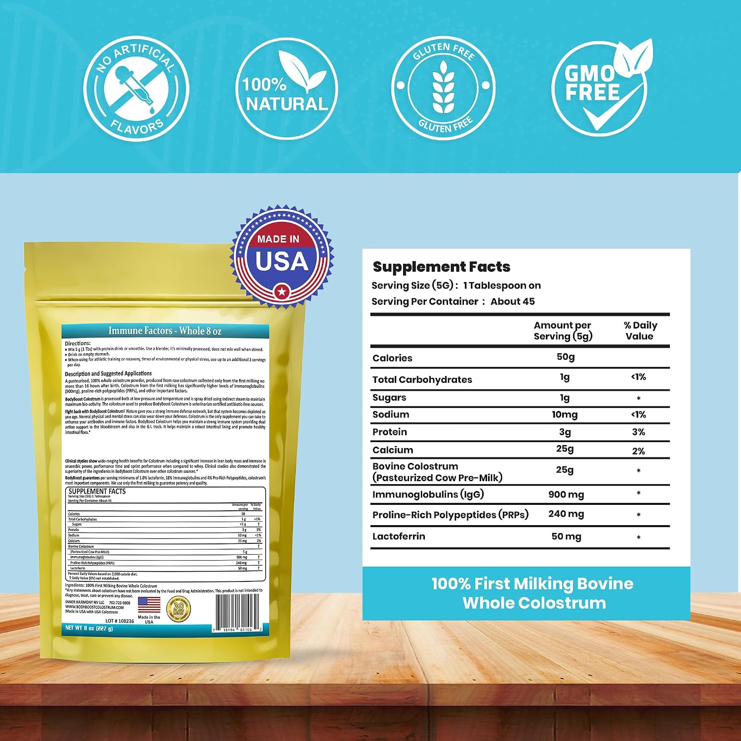 BodyBoost Colostrum Whole - 100% Bovine Colostrum Powder for Immune Support and Gut Health, Grass-Fed, 227g - görsel 2
