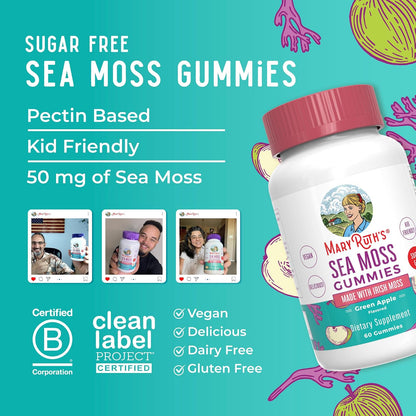 MaryRuth's Organics Sugar Free Irish Sea Moss Gummies for Gut Health and Immune Support, Vegan, Non-GMO, Gluten-free - 60 Count