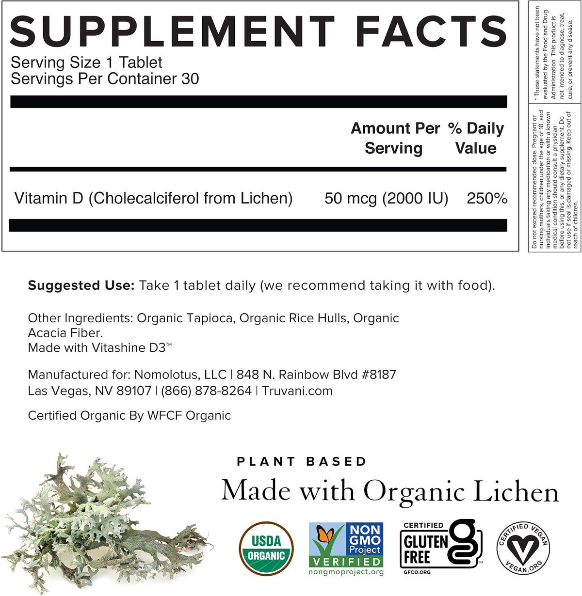 Truvani Organic Vitamin D3 - Plant-Based, USDA Organic, Gluten-Free, Non-GMO, Vegan D3 Supplement - Supports Normal Bone, Immune & Muscle Function - 30 Tablets - görsel 6