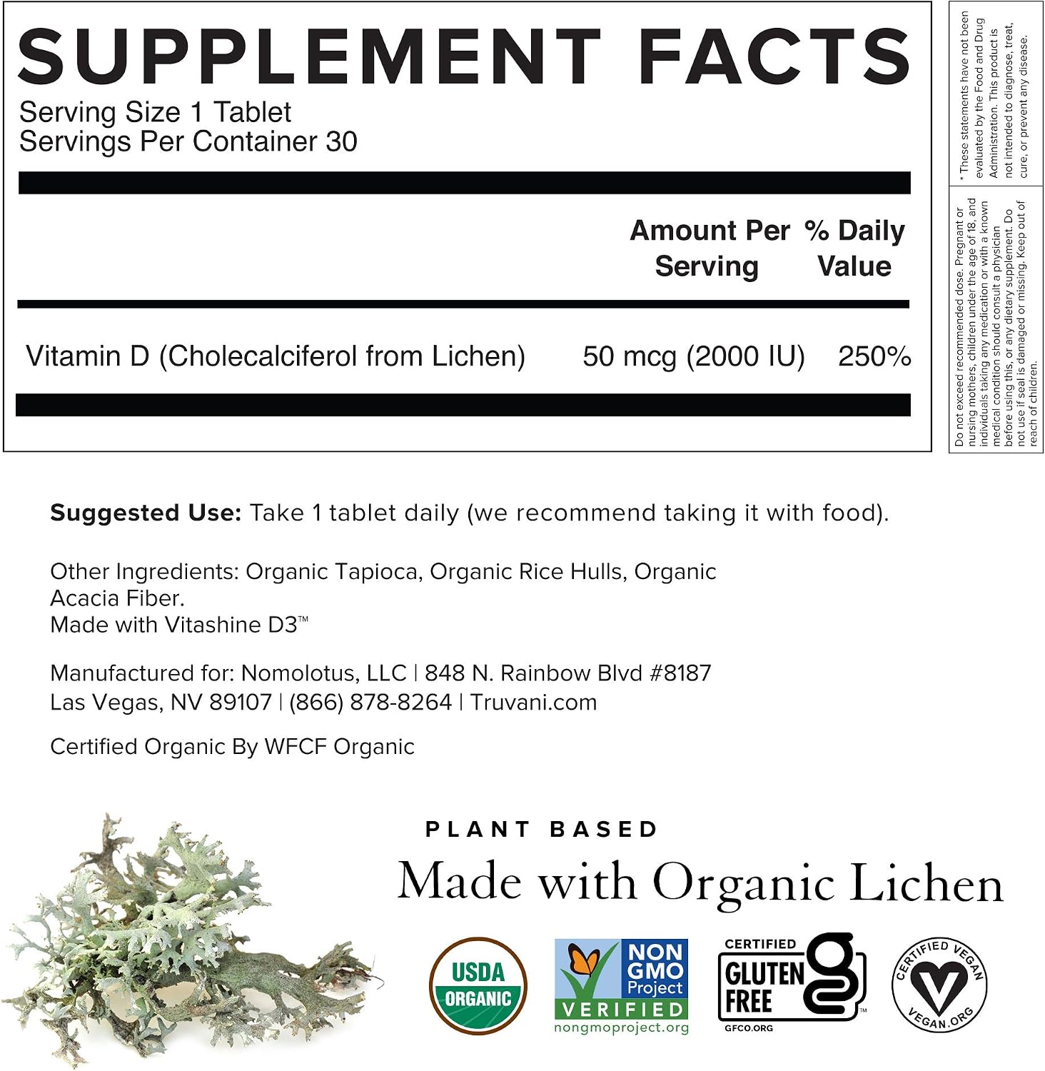 Truvani Organic Vitamin D3 - Plant-Based, USDA Organic, Gluten-Free, Non-GMO, Vegan D3 Supplement - Supports Normal Bone, Immune & Muscle Function - 30 Tablets - görsel 6