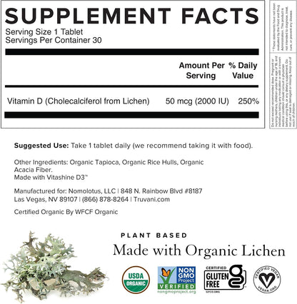 Truvani Organic Vitamin D3 - Plant-Based, USDA Organic, Gluten-Free, Non-GMO, Vegan D3 Supplement - Supports Normal Bone, Immune & Muscle Function - 30 Tablets