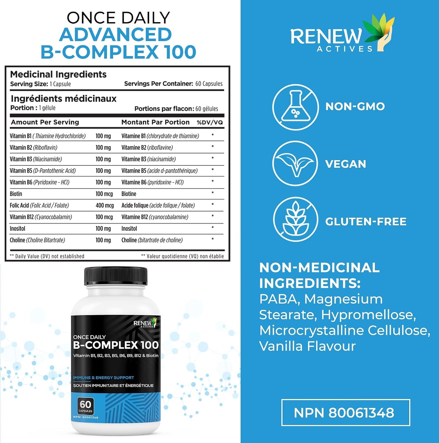 Renew Actives Vitamin B Complex 100 – Daily B1, B2, B3, B5, B6 & B12 for Energy and Metabolism – 60 Capsules - görsel 8