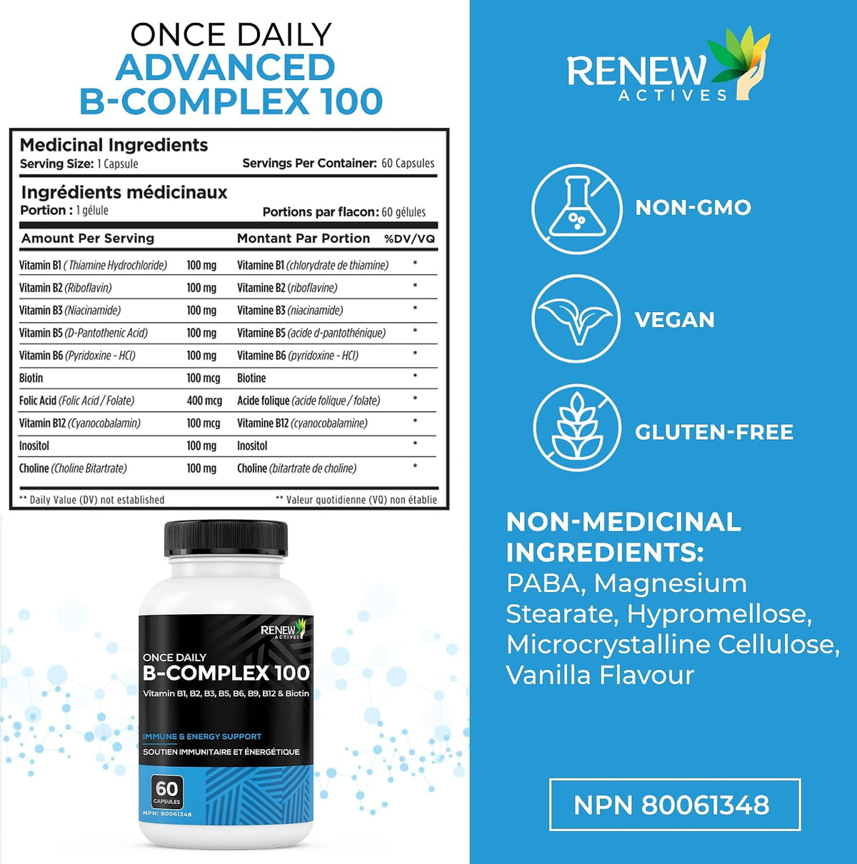 Renew Actives Vitamin B Complex 100 – Daily B1, B2, B3, B5, B6 & B12 for Energy and Metabolism – 60 Capsules - görsel 8