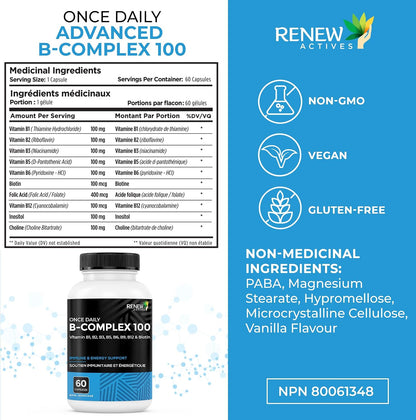 Renew Actives Vitamin B Complex 100 – Daily B1, B2, B3, B5, B6 & B12 for Energy and Metabolism – 60 Capsules