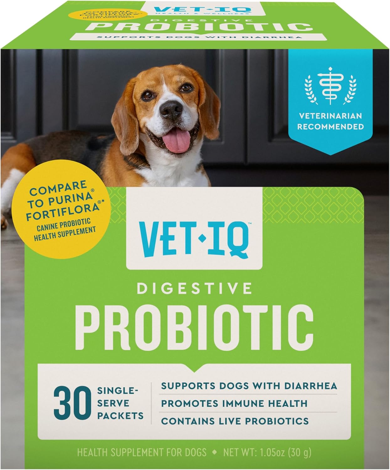 VetIQ Digestive Probiotic Powder for Dogs – 30-Count Single-Serve Packets with Enterococcus faecium Live Probiotics, Chicken Liver Flavour - görsel 1