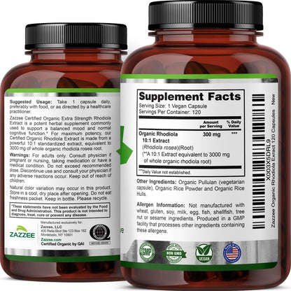 Zazzee USDA Organic Rhodiola 10:1 Extract - 120 Capsules (4-Month Supply)