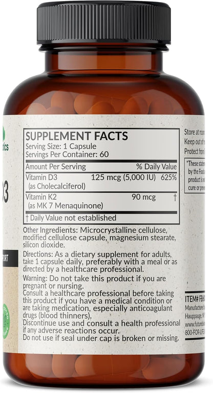 Futurebiotics Vitamin K2 (MK-7) with D3 - 5000 IU Vitamin D3 & 90 mcg Vitamin K2 MK-7 - Non-GMO Formula - 60 Vegetarian Capsules
