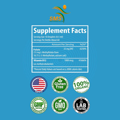 L-Methylfolate 15mg + Methyl B12 Liquid Drops, No Fillers, High Potency Sublingual Formula, Active 5-MTHF & Bioactive B12 for Normal Cognitive Function & Methylation Support, Berry Flavour (60ml)
