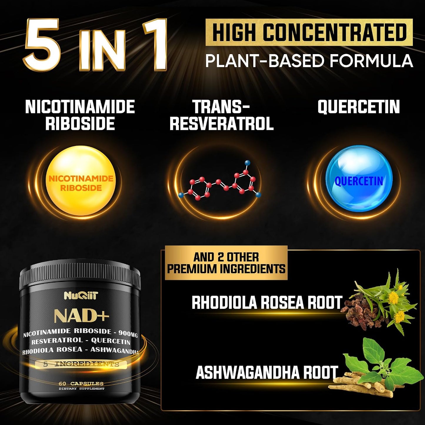 NAD+ Supplement with Nicotinamide Riboside, Resveratrol, Quercetin, Turmeric, Rhodiola Rosea - 60 Count - görsel 2