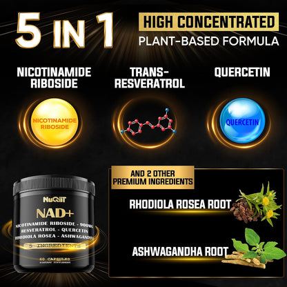 NAD+ Supplement with Nicotinamide Riboside, Resveratrol, Quercetin, Turmeric, Rhodiola Rosea - 60 Count