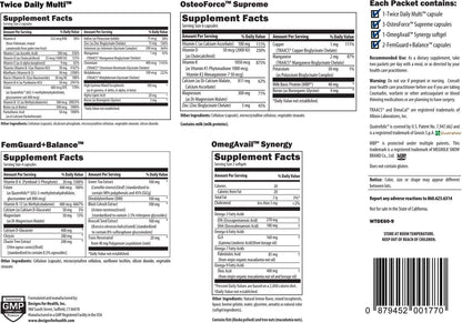Designs for Health Women's Twice Daily Essential Packets - Vitamin Packs with Iron-Free Multivitamin, OsteoForce Bone Support, OmegAvail Fish Oil Complex + FemGuard+Balance - Women's Health (60 Packets)