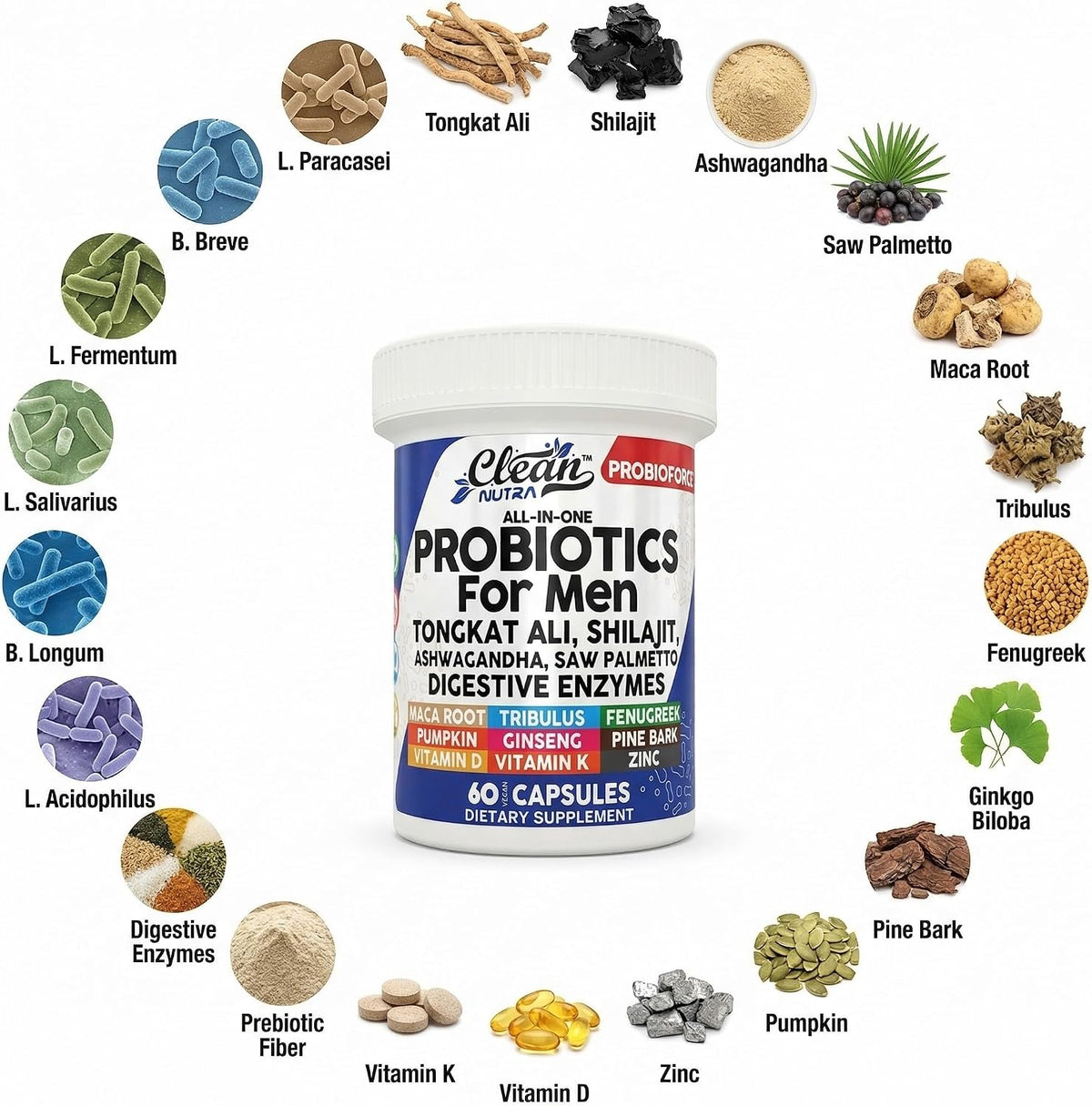 Clean Nutra Men's Probiotic with Tongkat Ali, Ashwagandha & Shilajit - All-in-One Supplement - 60 Capsules - görsel 4