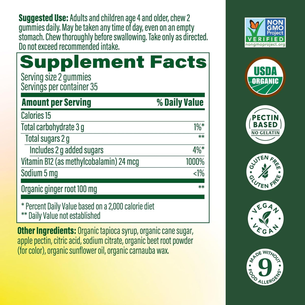 MegaFood Vitamin B12 Energy Gummies - Vegan, Organic, Ginger, 70 Gummies - görsel 3