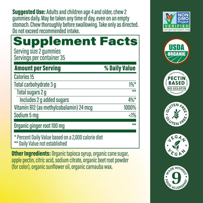 MegaFood Vitamin B12 Energy Gummies - Vegan, Organic, Ginger, 70 Gummies