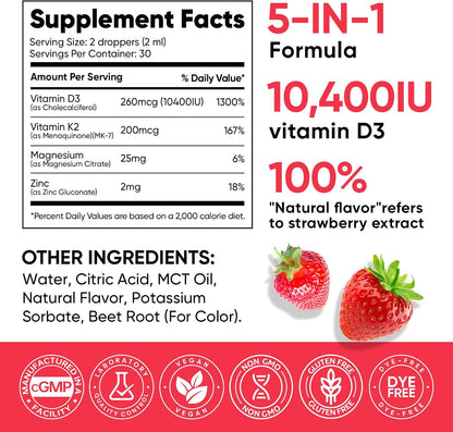 Venture Pal Vitamin D3 K2 Drops 10000 IU & 200mcg MK-7 with Magnesium and Zinc