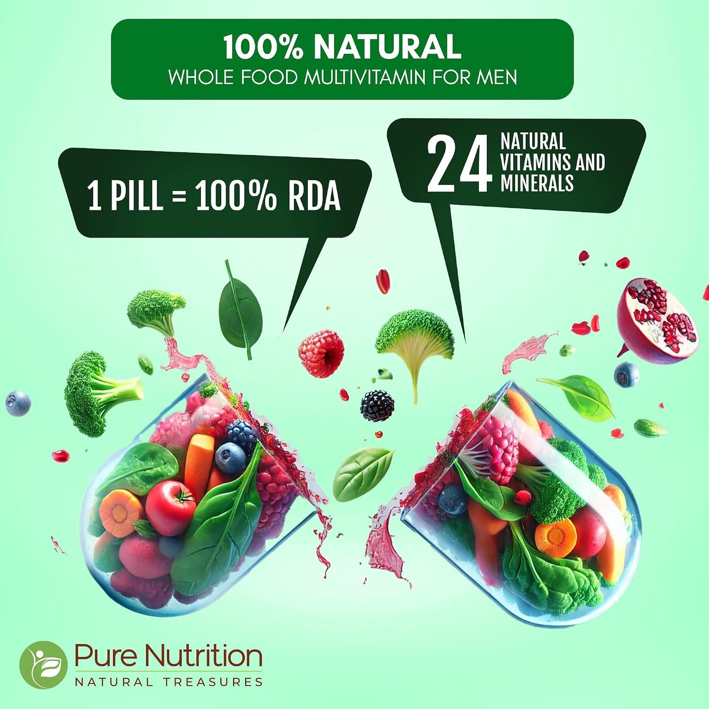 Pure Nutrition Whole Food Multivitamins for Men | 90 Tabs | One-a-Day | 100% NRV | 24 Natural Vitamins and Minerals | All Natural Plant Based Men's Multivitamin | 3 Months Supply - görsel 2