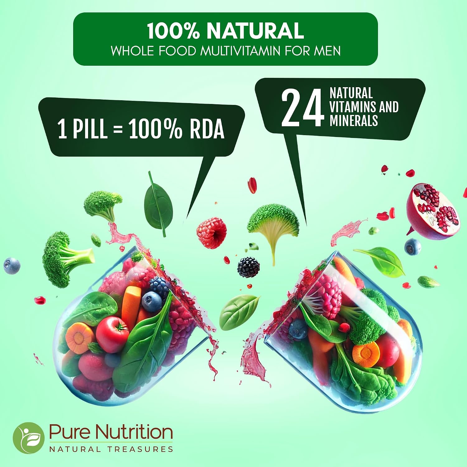 Pure Nutrition Whole Food Multivitamins for Men | 90 Tabs | One-a-Day | 100% NRV | 24 Natural Vitamins and Minerals | All Natural Plant Based Men's Multivitamin | 3 Months Supply - görsel 2