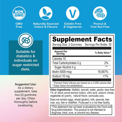 YUM-V'S Biotin Gummies - Sugar Free, 5000 mcg, High Strength for Hair, Skin and Nails - 60 Gummies