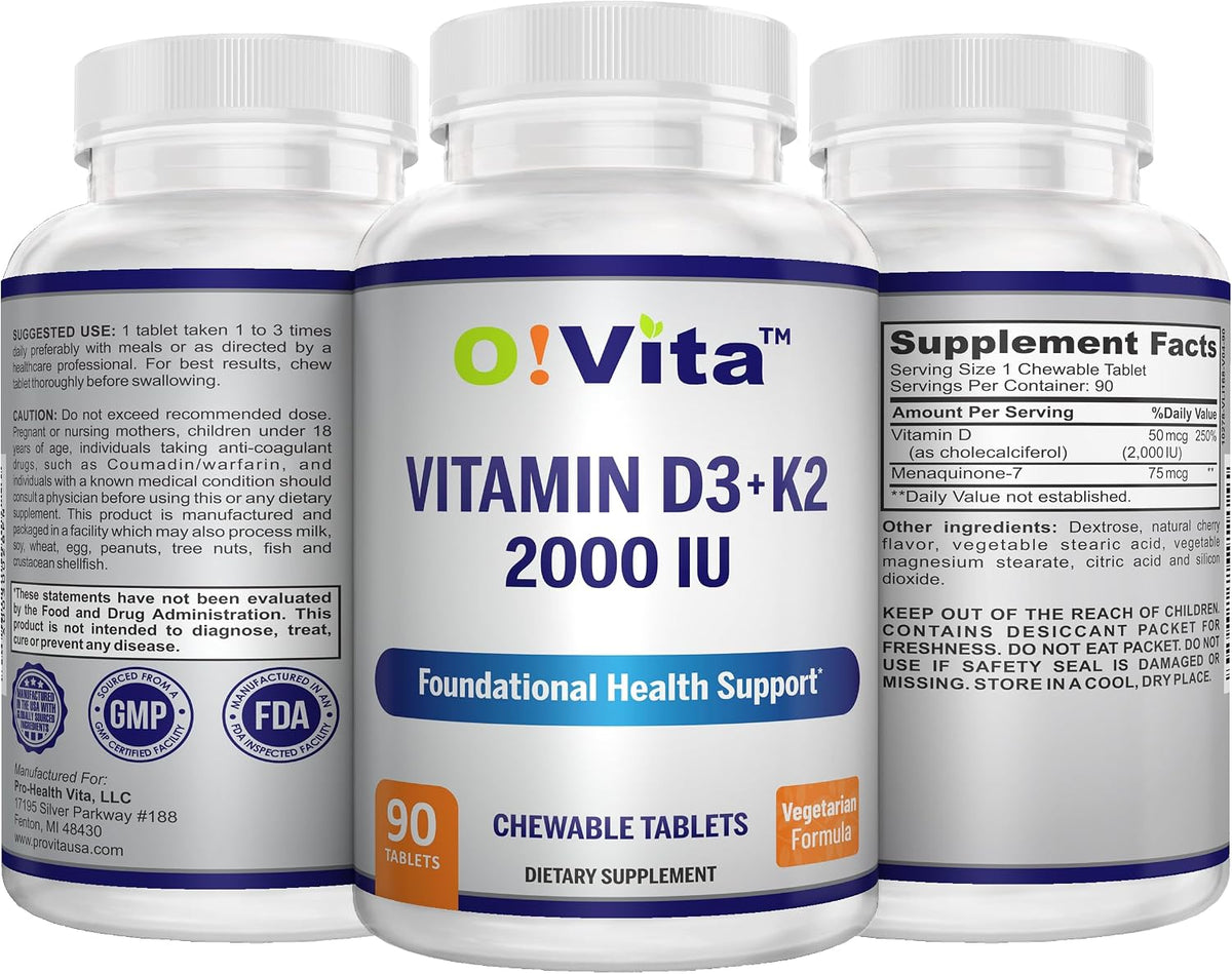 O!VITA Vitamin D3 + K2 2000IU Chewable Tablets for Bone Health Support, 90 Vegetarian Chewable Tablets - görsel 5
