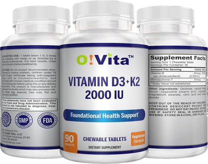 O!VITA Vitamin D3 + K2 2000IU Chewable Tablets for Bone Health Support, 90 Vegetarian Chewable Tablets