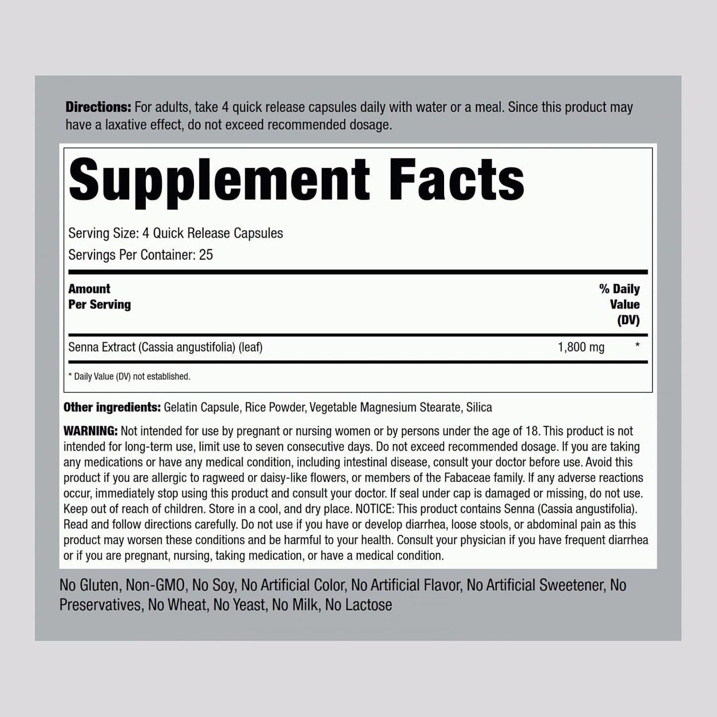 Piping Rock Senna Leaves Capsules, 1800 mg, 100 Quick Release Capsules - görsel 2
