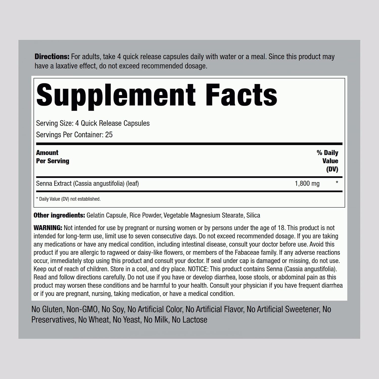 Piping Rock Senna Leaves Capsules, 1800 mg, 100 Quick Release Capsules - görsel 2