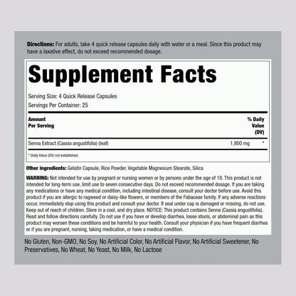 Piping Rock Senna Leaves Capsules, 1800 mg, 100 Quick Release Capsules